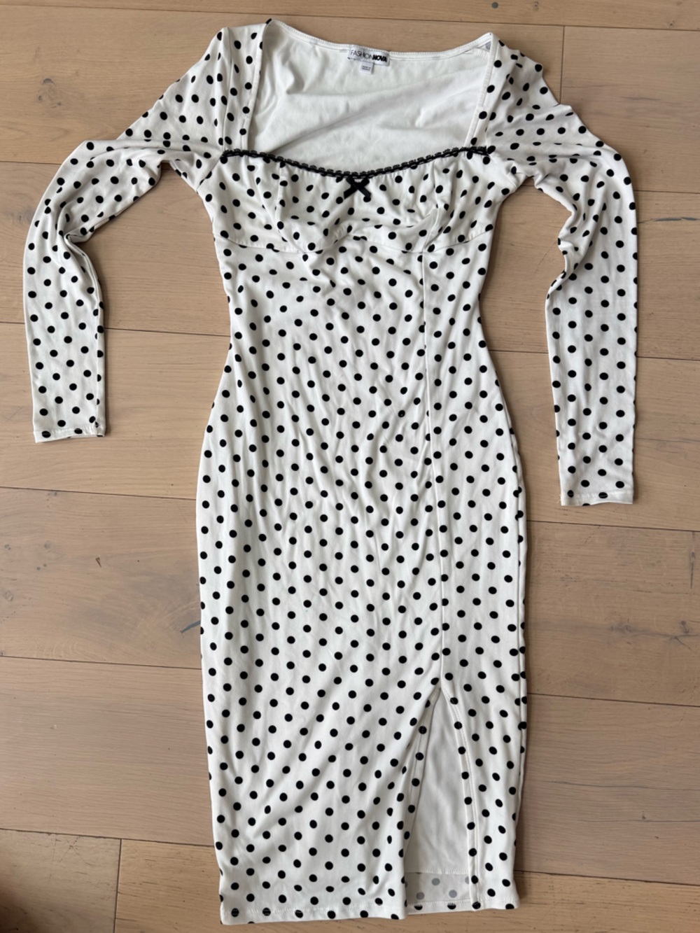 Fashion Nova White Midi Dress with Black Polka Dots